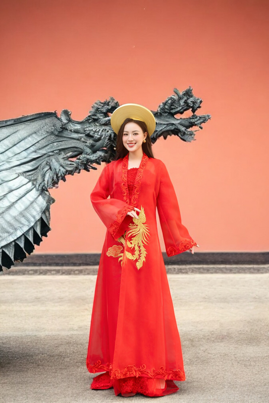 Red and Gold Ao Dai OverCoat | Traditional Vietnamese Bridal OverCoat (#ANNA) - Dream Dresses by P.M.N.