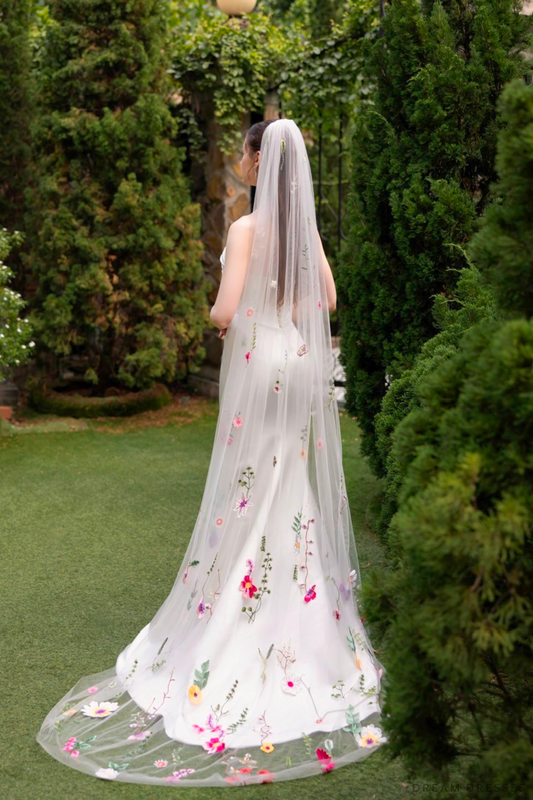 One Tier Colorful Floral Veil (#FLORAL) - Dream Dresses by P.M.N.