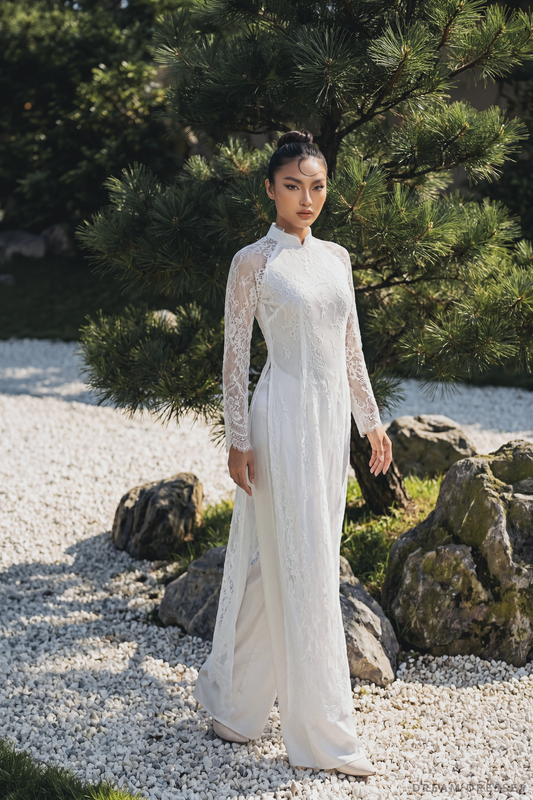 White Bridal Ao Dai | Vietnamese Traditional Bridal Dress with Couture Lace (#DYNASTY) - Dream Dresses by P.M.N.