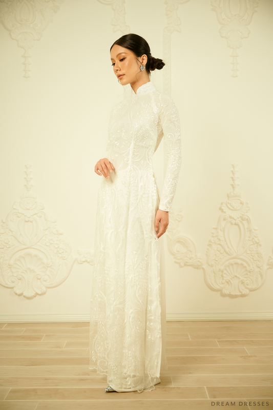 White Bridal Ao Dai | Vietnamese Traditional Bridal Dress (#ARTEMISIA) - Dream Dresses by P.M.N.