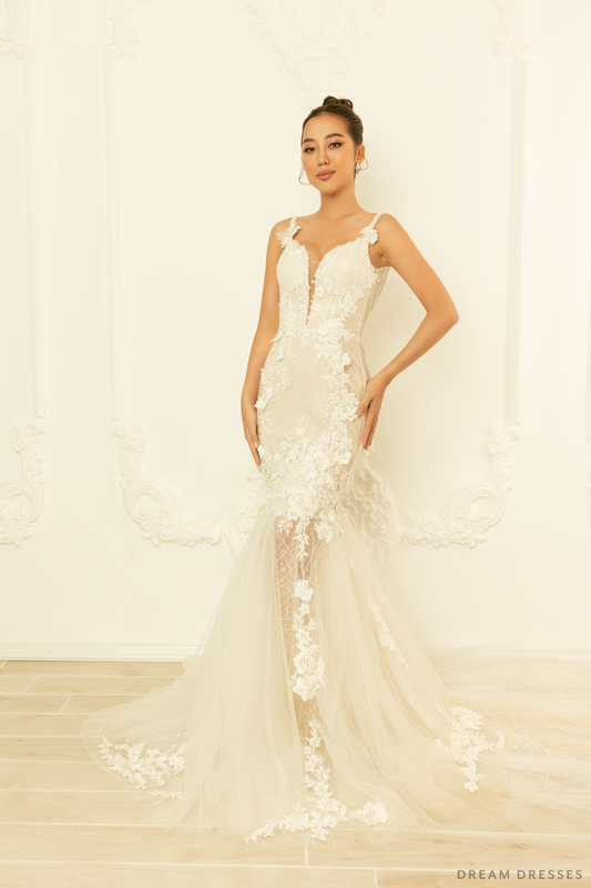Semi-sheer Mermaid Gown with 3D Floral Lace (#KALILA) - Dream Dresses by P.M.N.