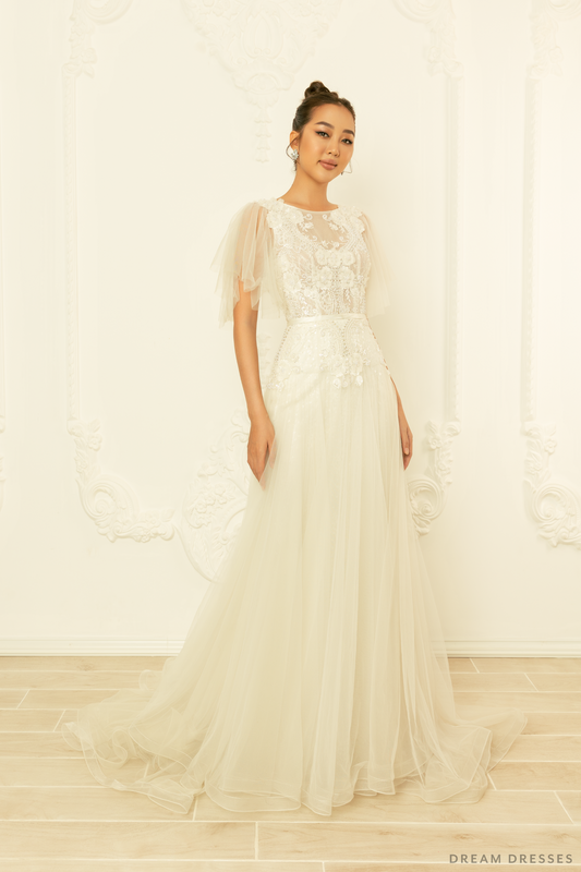 Tulle A-line Wedding Dress with Floral Lace (#NORAH) - Dream Dresses by P.M.N.