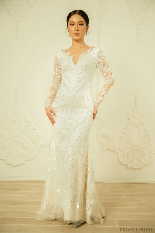 Long Sleeves Sheath Wedding Dress (#DOROTEA) - Dream Dresses by P.M.N.