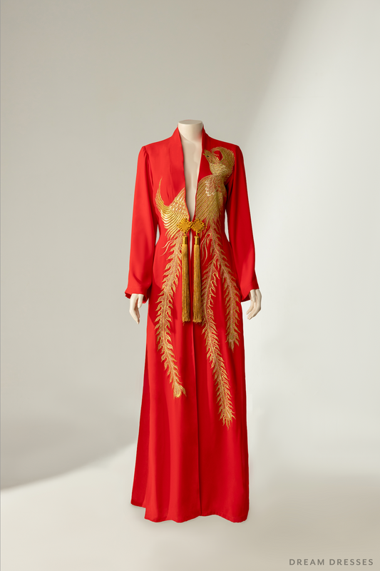Red and Gold Ao Dai OverCoat | Traditional Vietnamese Bridal OverCoat (#FENGHUANG) - Dream Dresses by P.M.N.