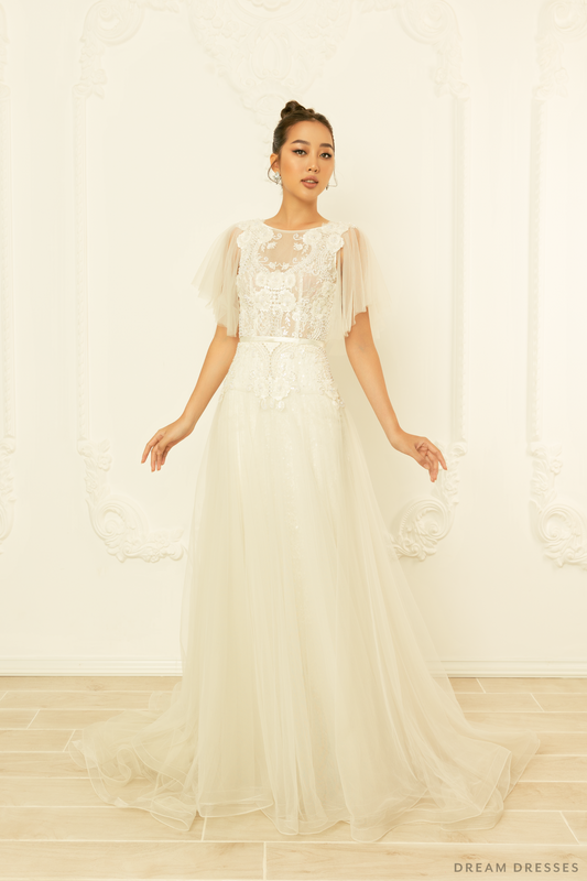 Tulle A-line Wedding Dress with Floral Lace (#NORAH) - Dream Dresses by P.M.N.