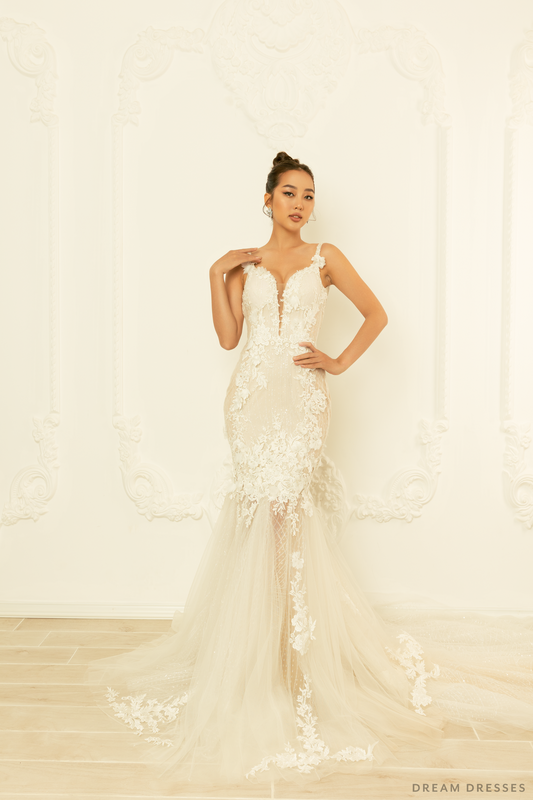 Semi-sheer Mermaid Gown with 3D Floral Lace (#KALILA) - Dream Dresses by P.M.N.