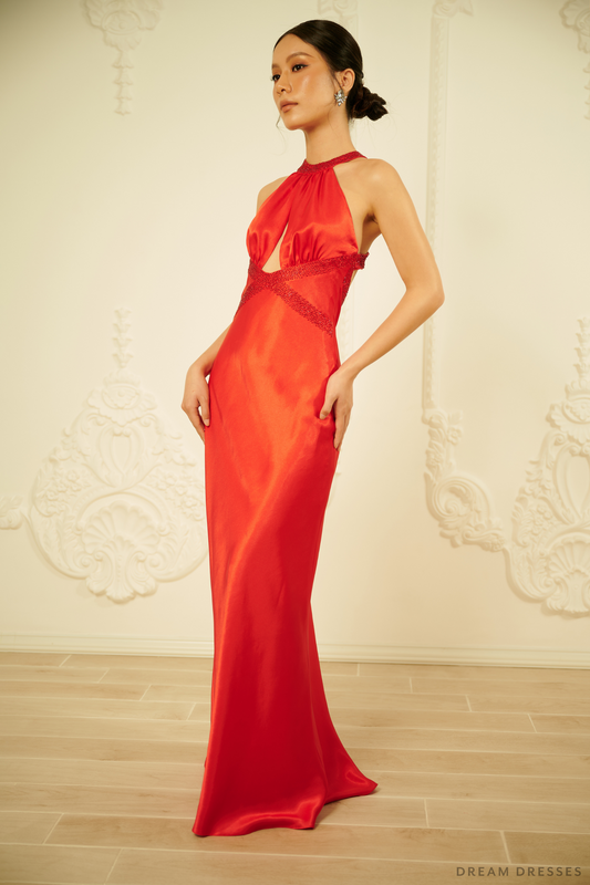 Red Silk Evening Dress with Halter Neck (#LUCIA) - Dream Dresses by P.M.N.