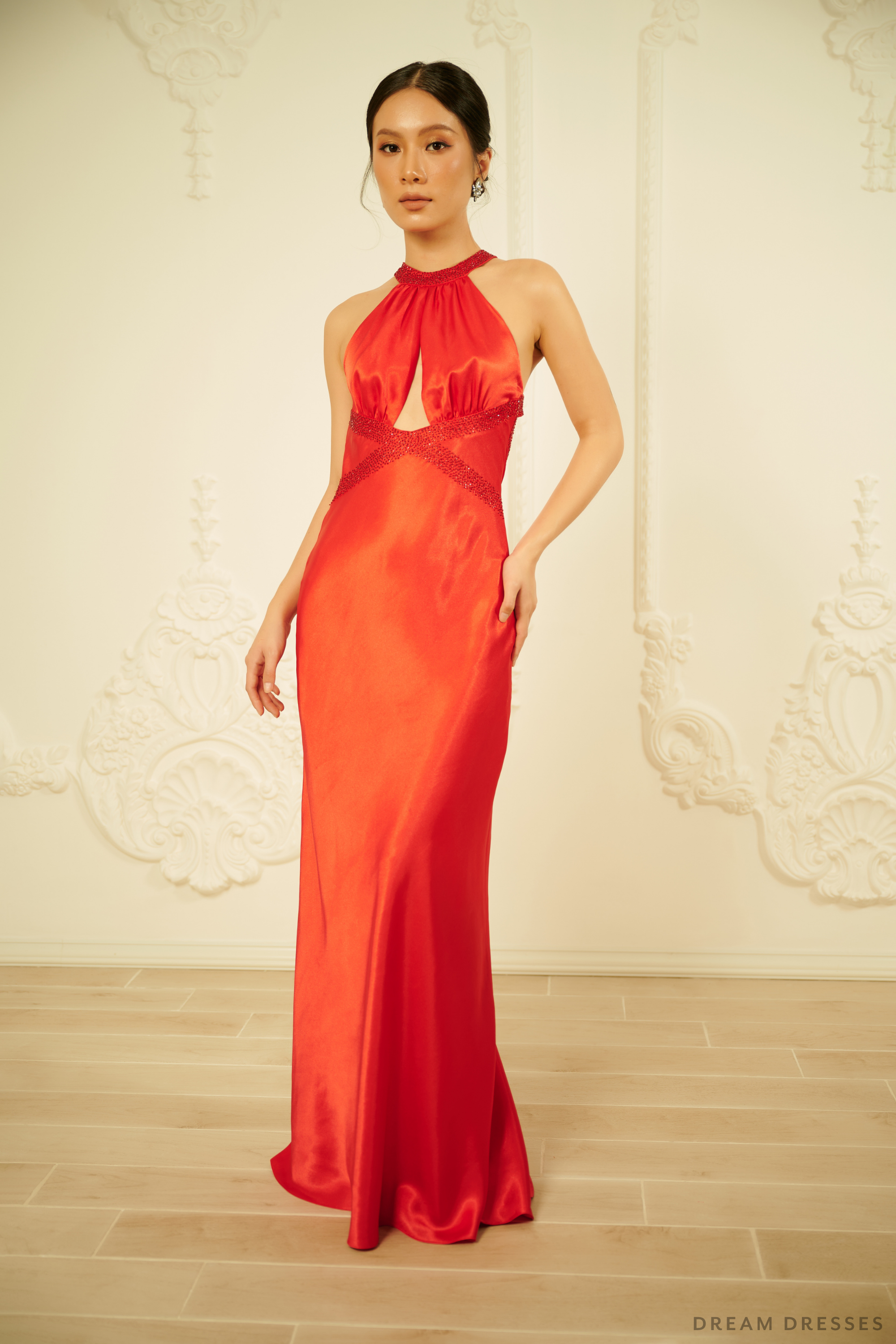 Red Silk Evening Dress with Halter Neck (#LUCIA)