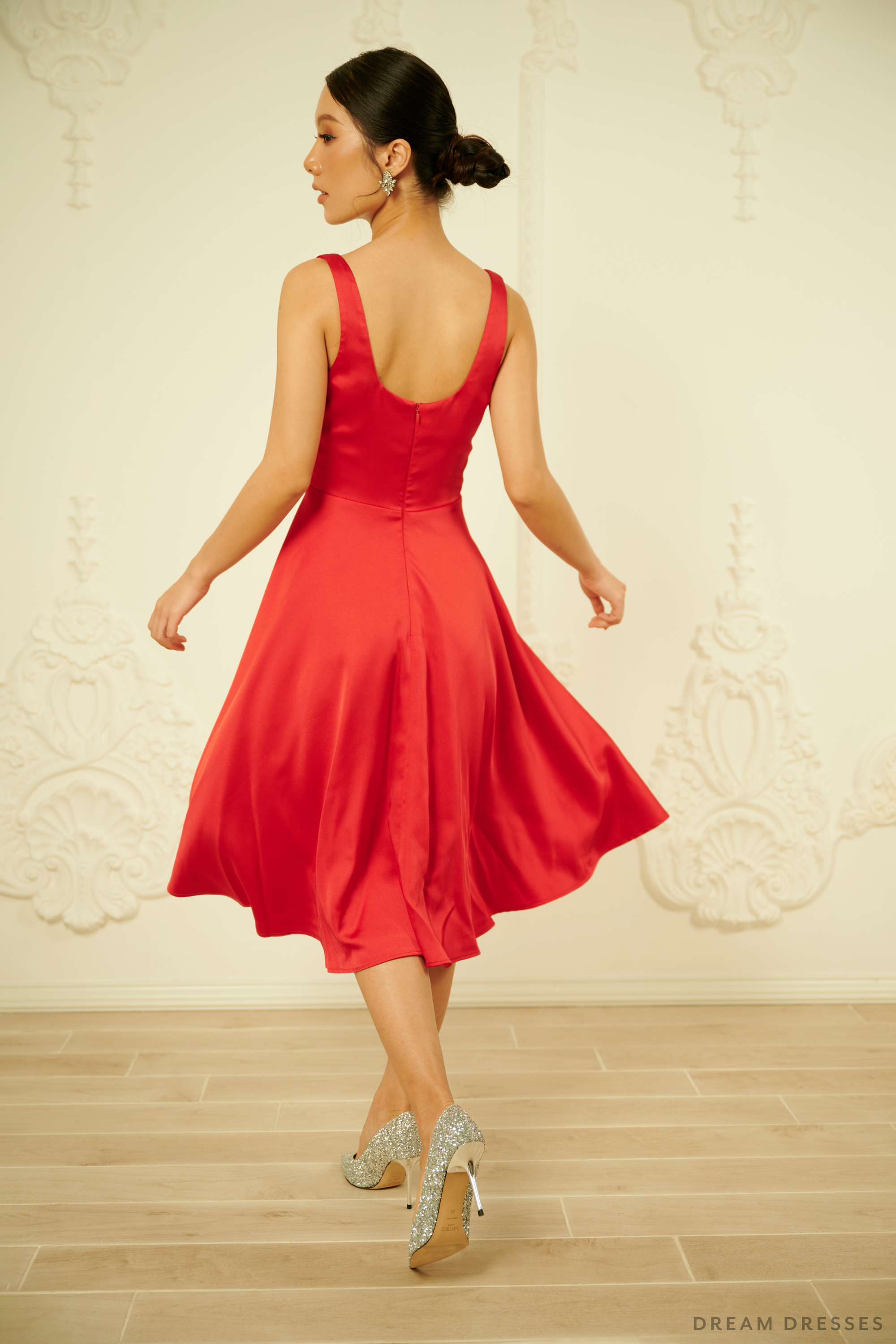 Red Silk Tea Length Dress (#MELISSA)