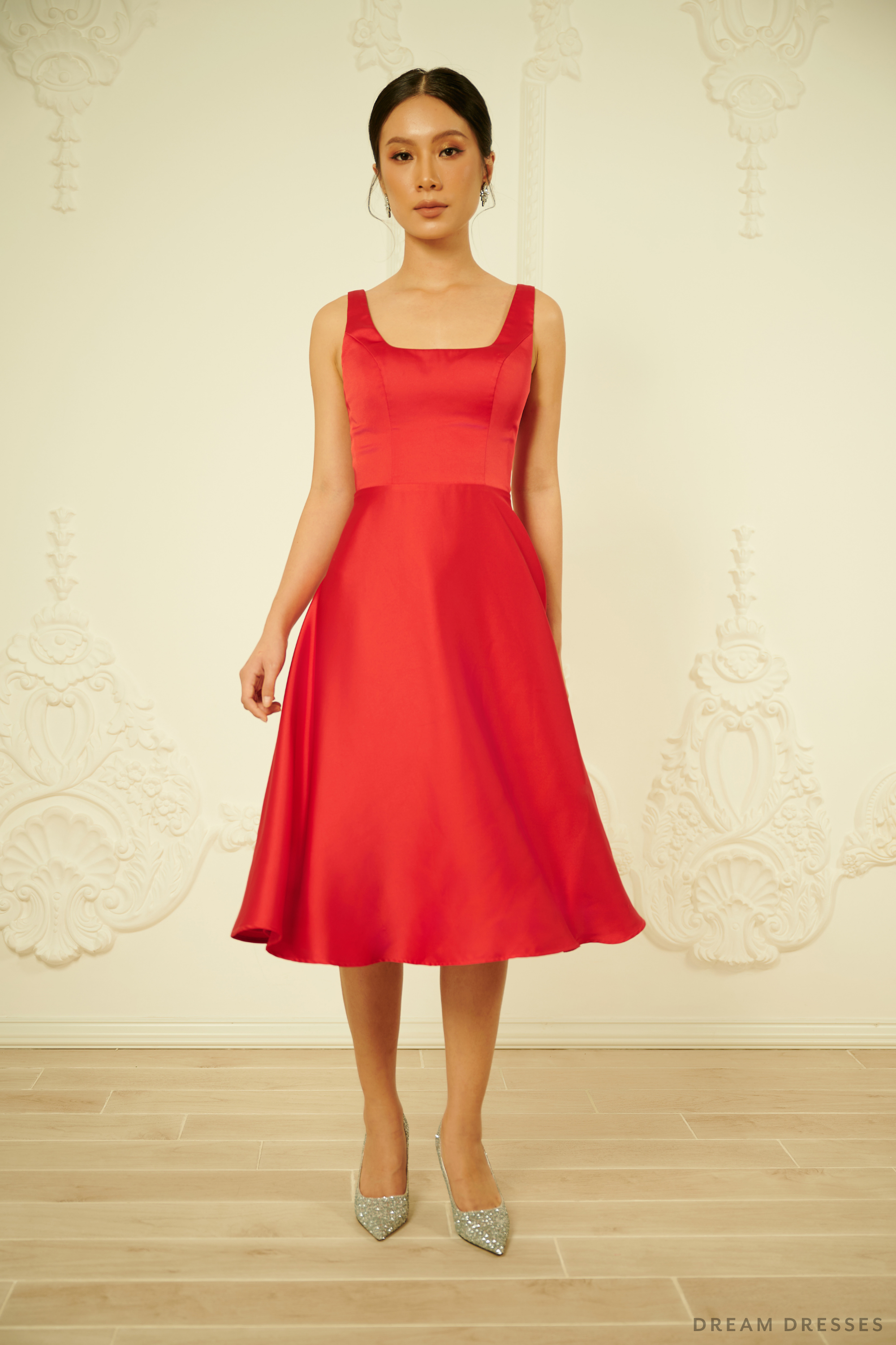DreamDress By PMN Melissa Wedding Guest Evening Dinner Cocktail Party Dress Red Midi Square Neck Fully Lined Bodice Sleeveless