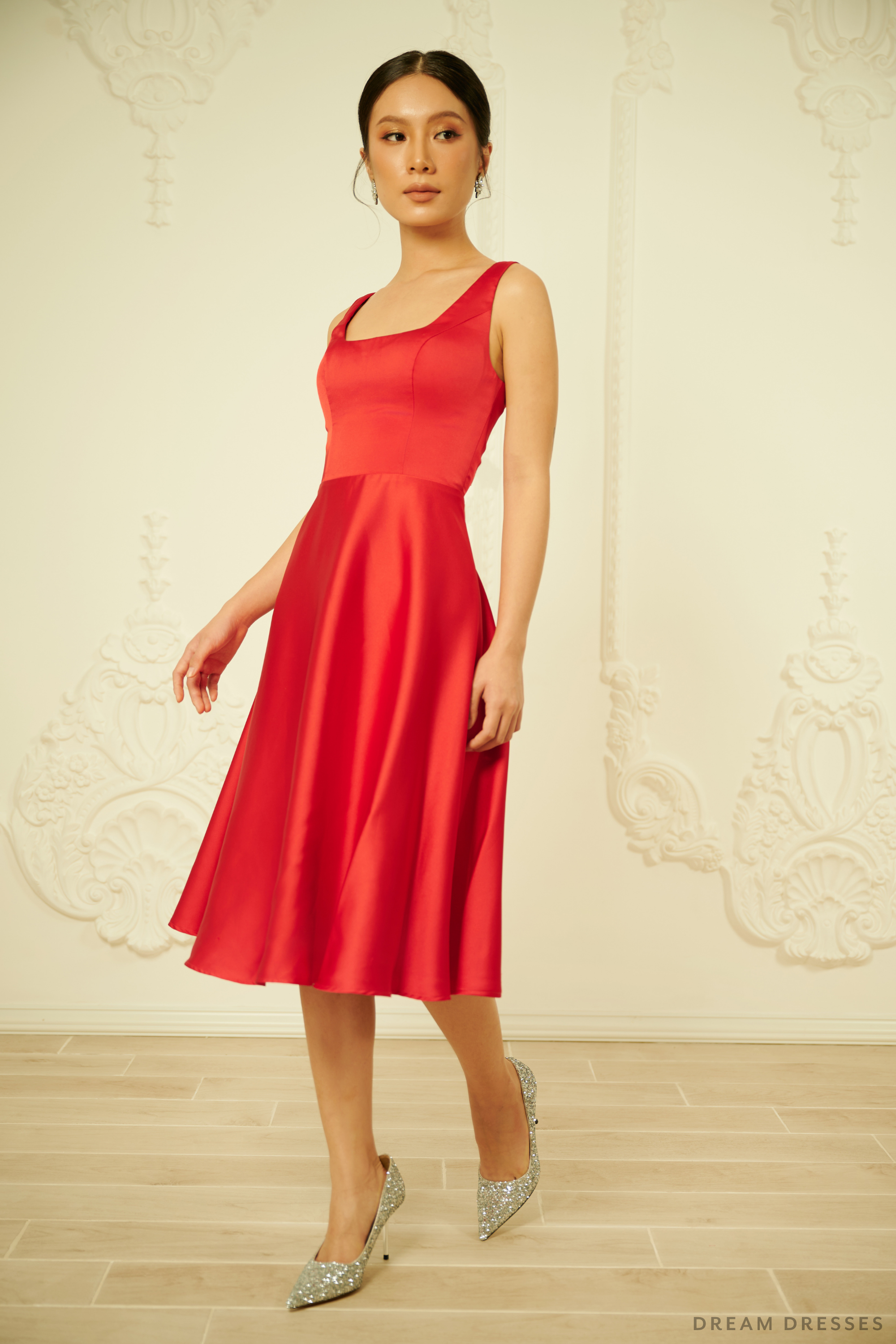 Red Silk Tea Length Dress (#MELISSA)