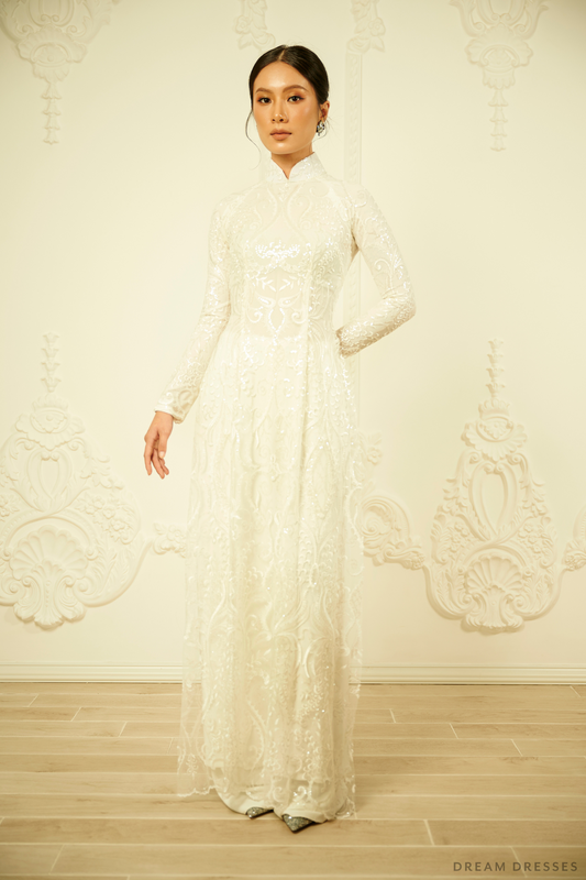 White Bridal Ao Dai | Vietnamese Traditional Bridal Dress (#ARTEMISIA) - Dream Dresses by P.M.N.
