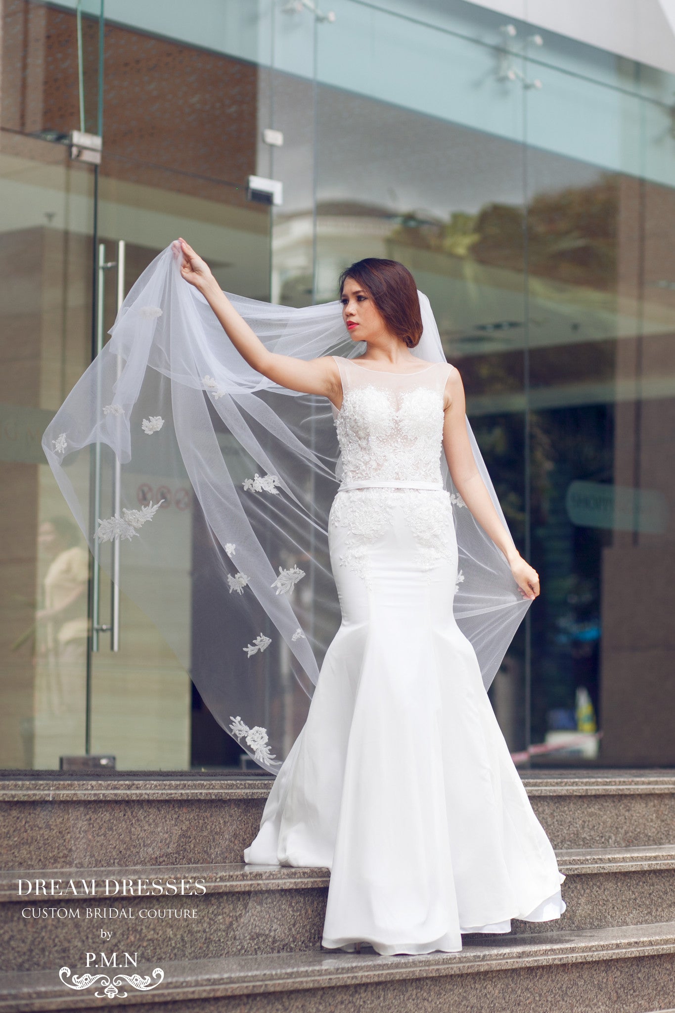 SAMPLE SALE /Two Tier Floor Length Bridal Veil with Lace Appliques and sequins (#PB107) - Dream Dresses by P.M.N
- 1