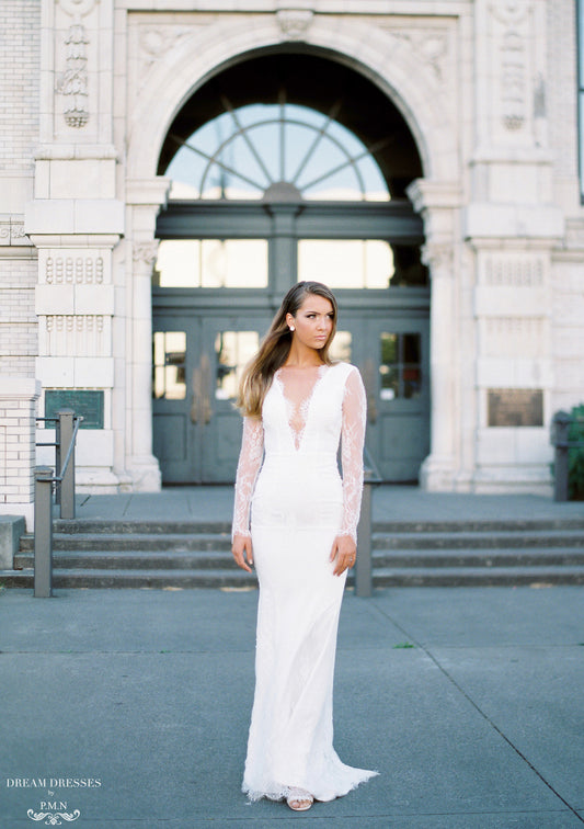 Long Sleeve Chantilly Lace Wedding Dress (#Acacia) - Dream Dresses by P.M.N.