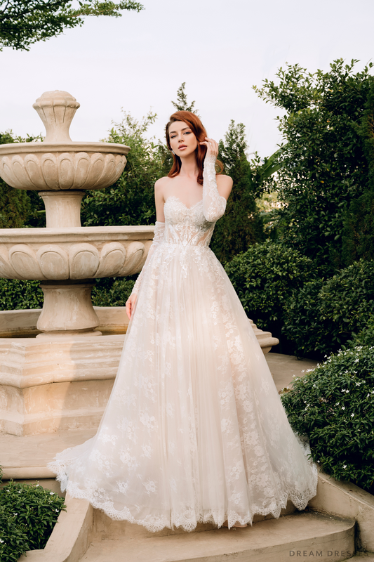Strapless Lace Ball Gown with Detachable Sleeves (#DANIELA) - Dream Dresses by P.M.N.