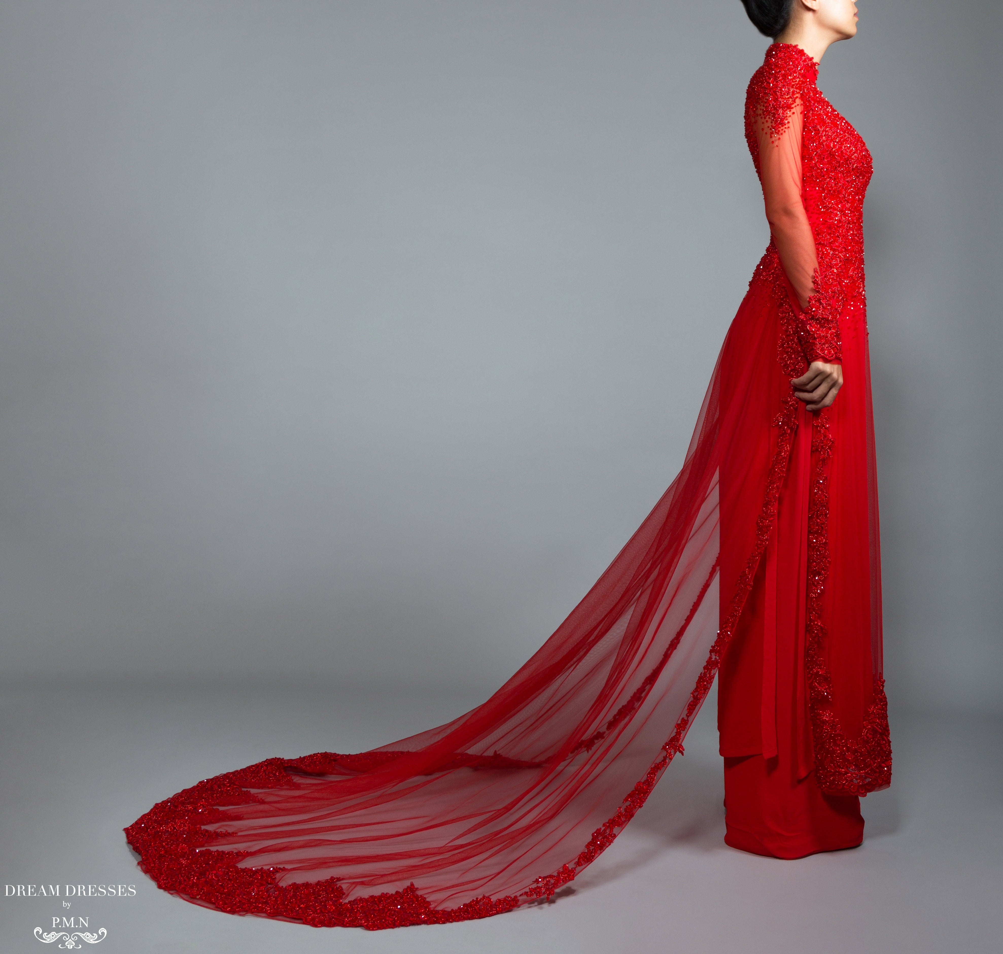 Red Bridal Ao Dai | Vietnamese Bridal Dress with Embellishment (#ADALIE)