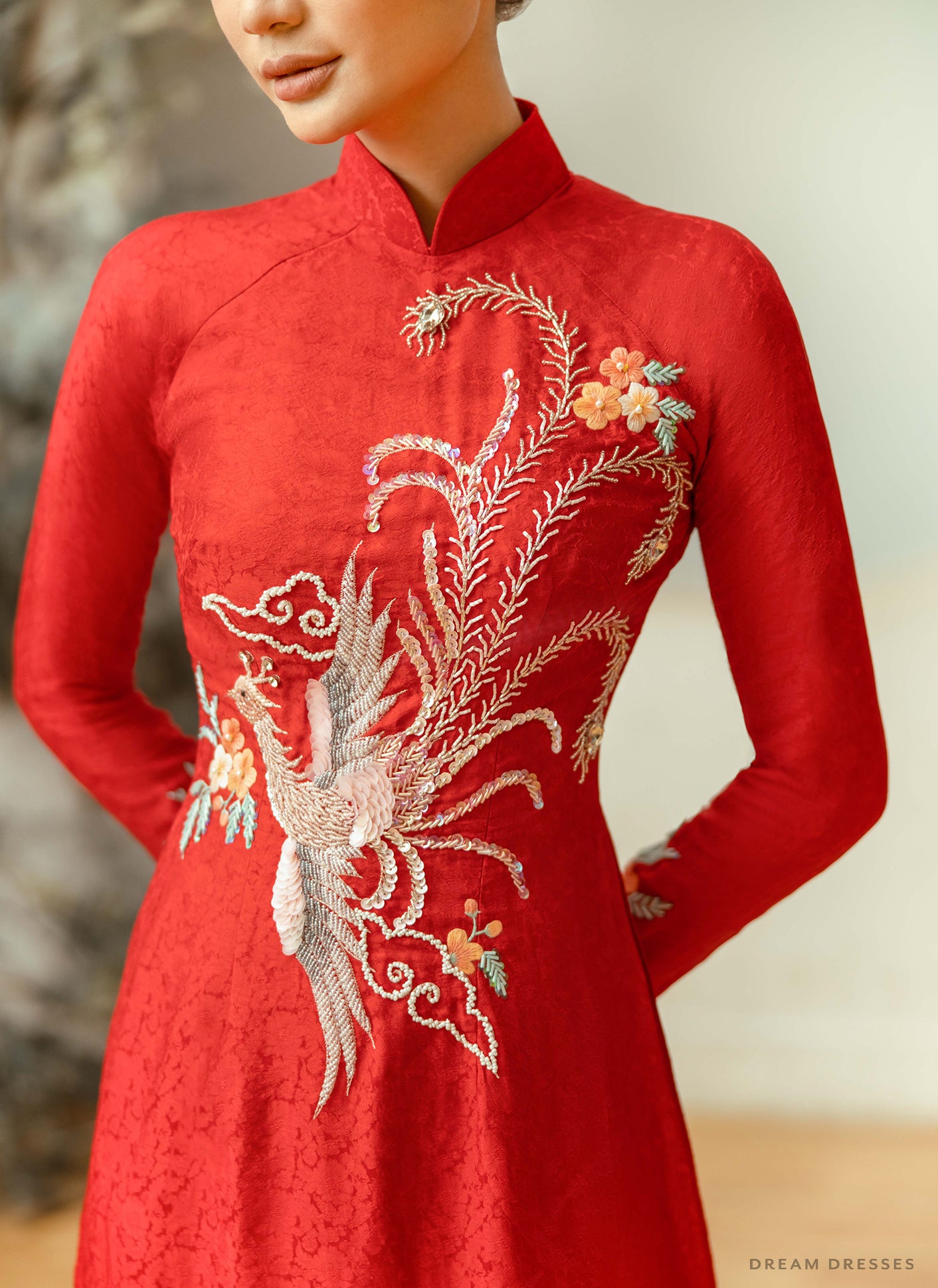 Red Bridal Ao Dai | Vietnamese Traditional Bridal Dress with Phoenix Embellishments (#AMAYA)