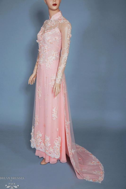 Blush Pink Bridal Ao Dai | Vietnamese Bridal Dress with Embellishment (#ANNIE) - Dream Dresses by P.M.N.