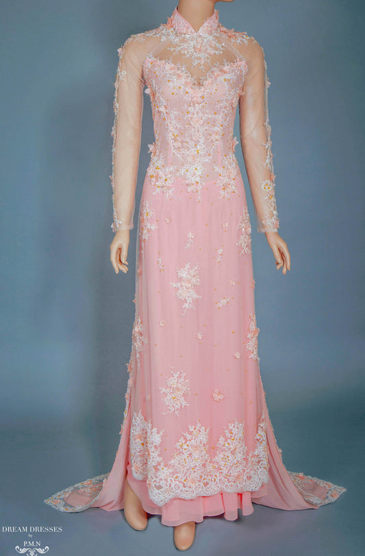 Blush Pink Bridal Ao Dai | Vietnamese Bridal Dress with Embellishment (#ANNIE) - Dream Dresses by P.M.N.