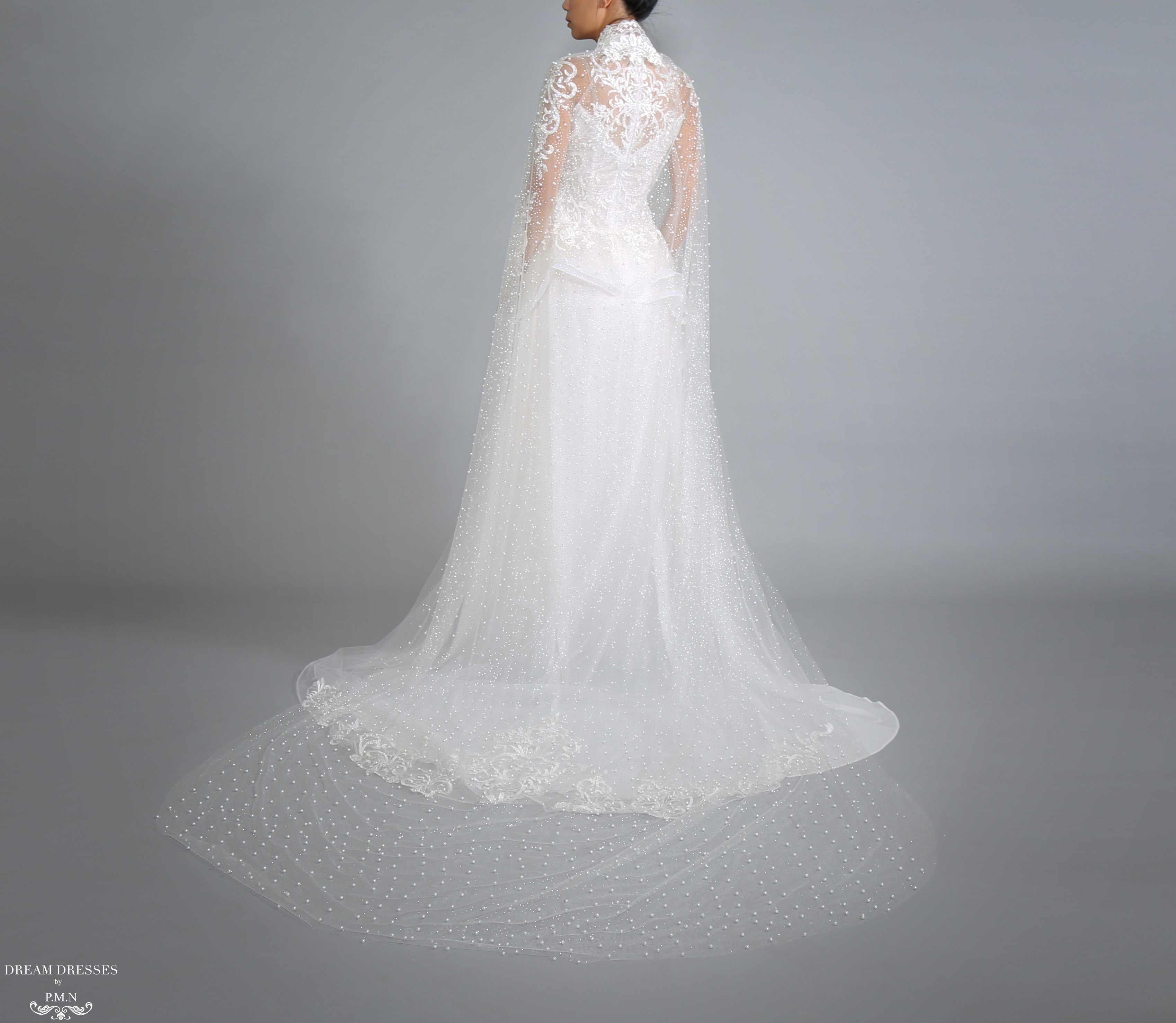 Sparkling Cathedral Pearl Bridal Cape (#AXELLE)