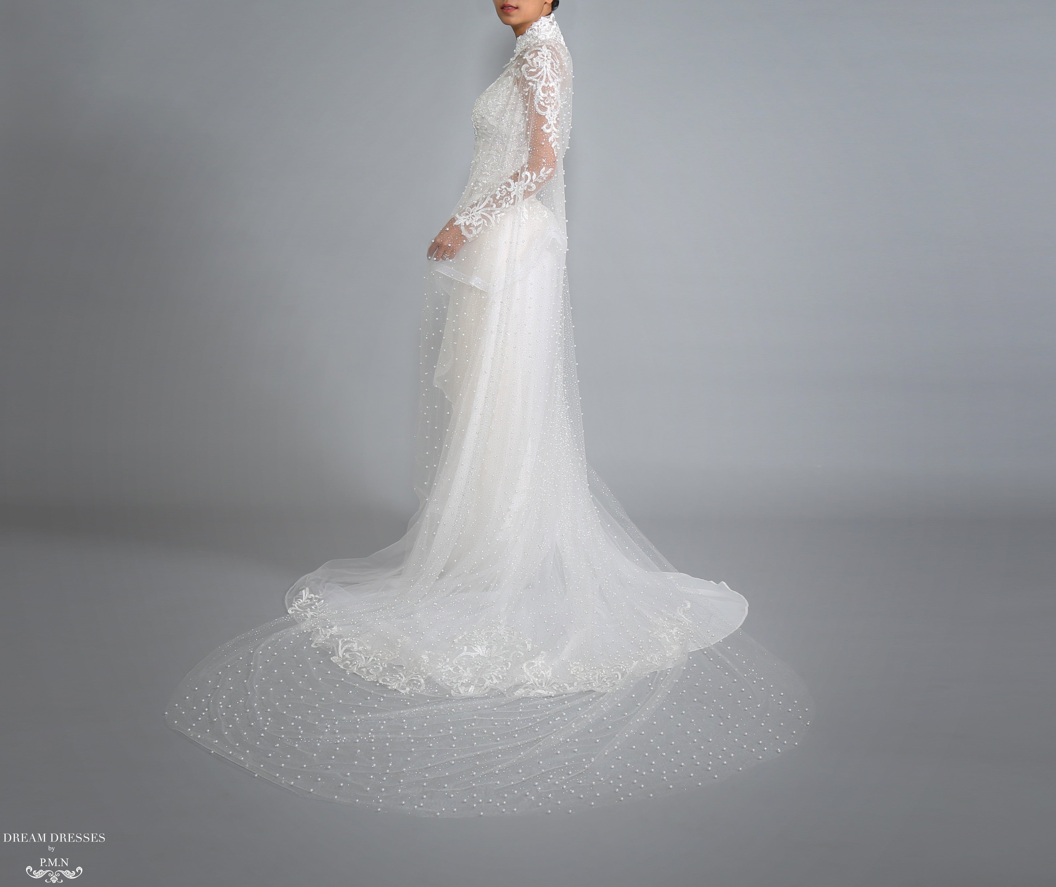 Sparkling Cathedral Pearl Bridal Cape (#AXELLE)