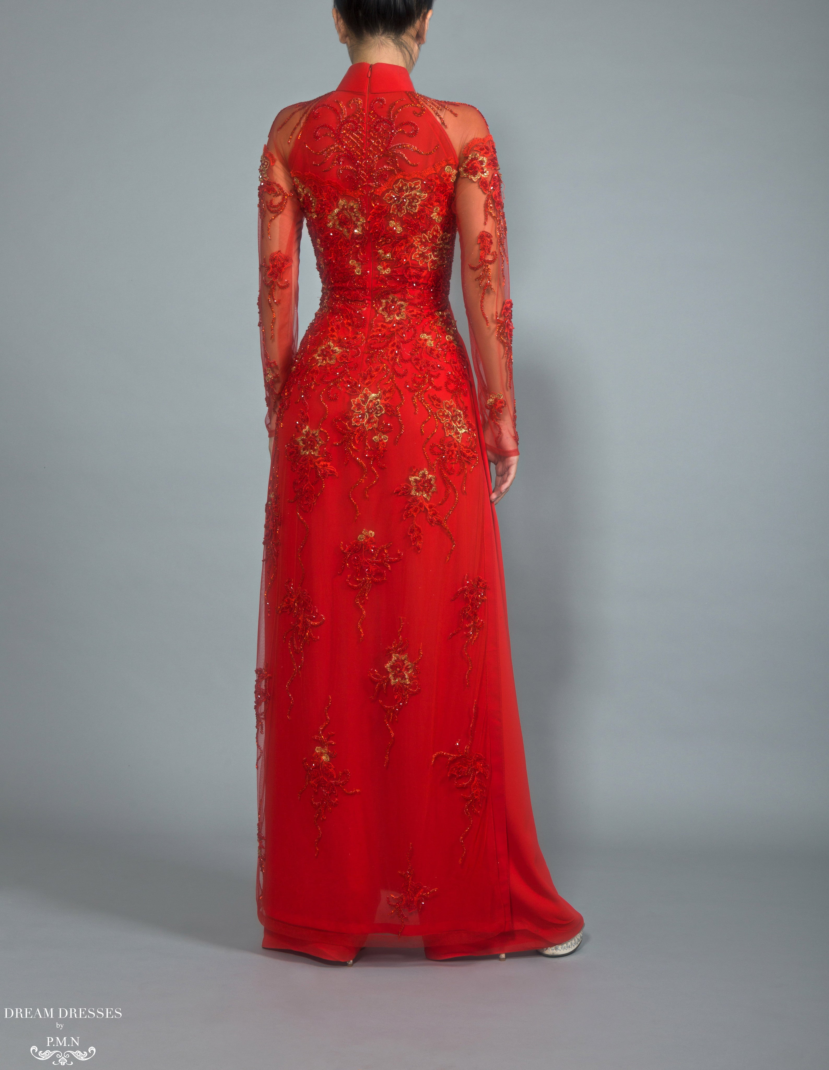 Red Bridal Ao Dai | Vietnamese Lace Bridal Dress (#BRUCIE)