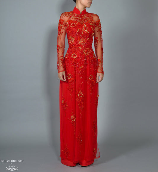Red Bridal Ao Dai | Vietnamese Lace Bridal Dress (#BRUCIE) - Dream Dresses by P.M.N.