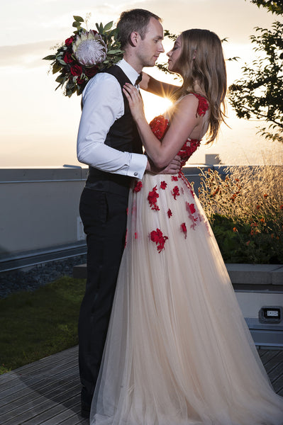 DreamDress By PMN A-Line Red And Champagne Tulle Wedding Dress Gown Front Red Floral Embellishment Sleeveless