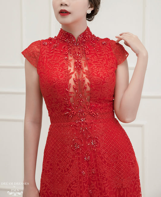 Red Bridal Ao Dai | Vietnamese Bridal Dress (#APOLLINE) - Dream Dresses by P.M.N.