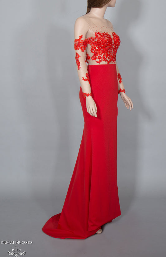 illusion Red Lace Gown (#Elaine) - Dream Dresses by P.M.N.