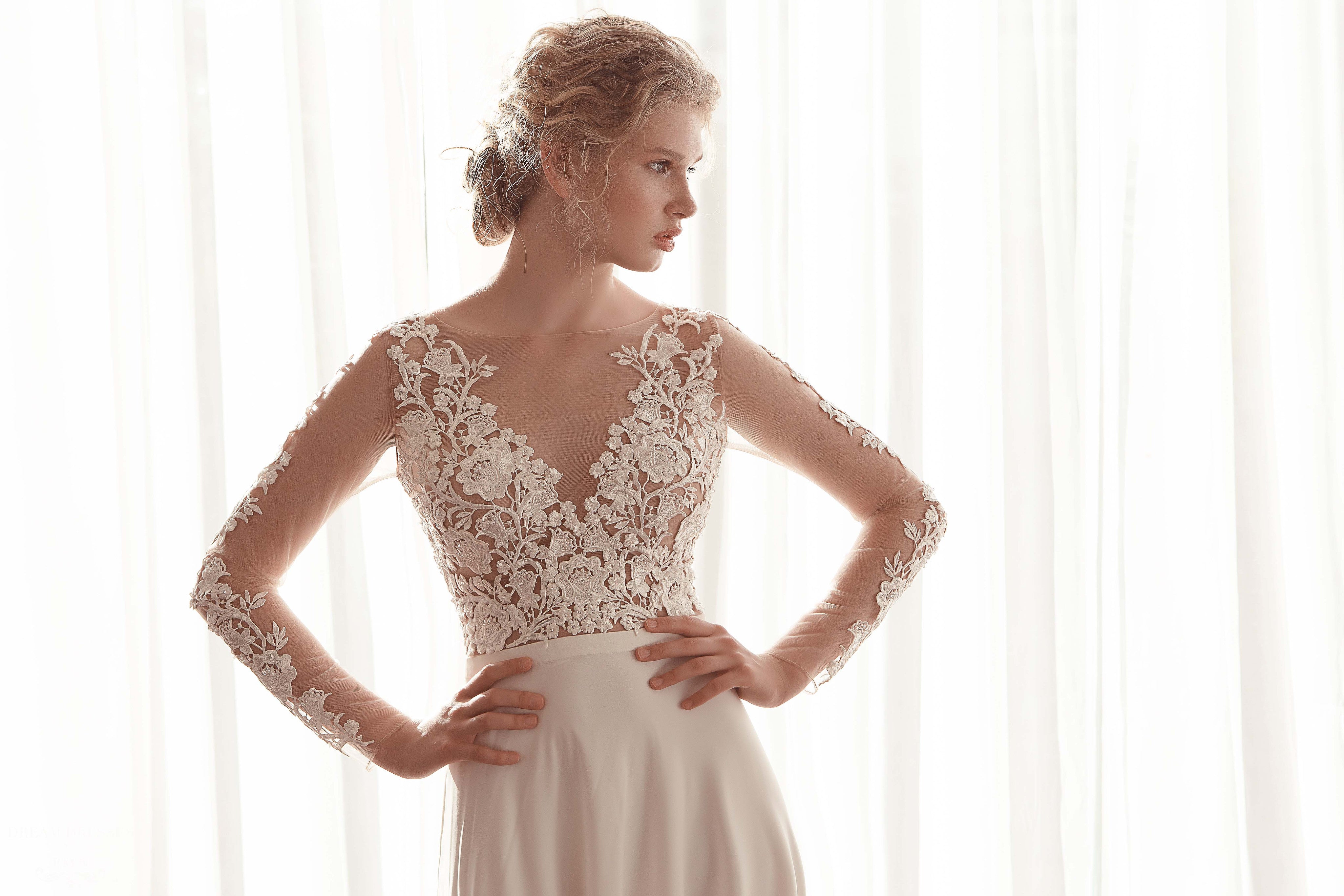 Illusion Long Sleeve Chiffon Wedding Gown (#Faline)