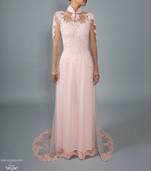 Blush Pink Bridal Ao Dai | Vietnamese Bridal Dress with Embellishment (#GALILAH) - Dream Dresses by P.M.N.