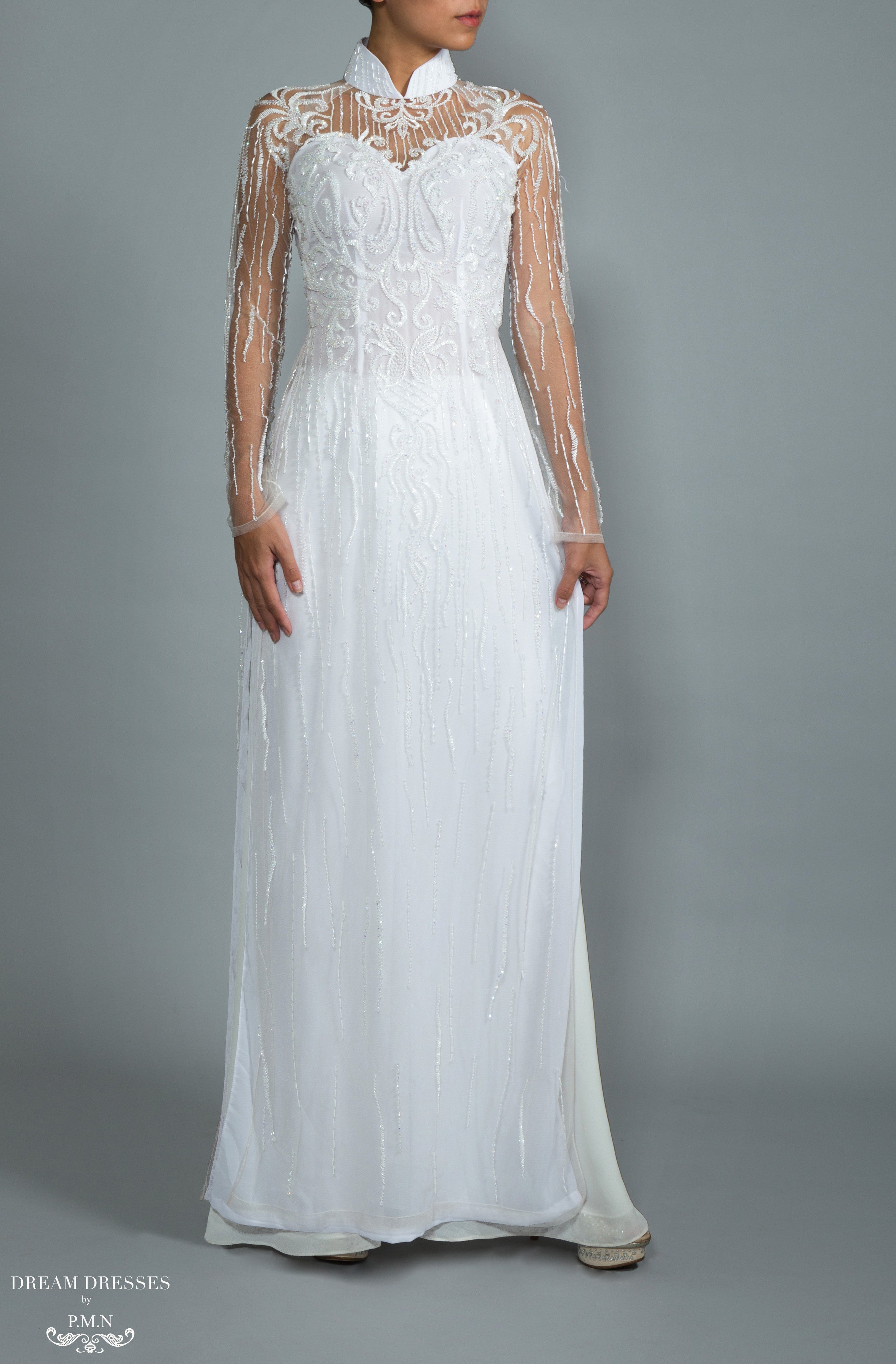 White Bridal Ao Dai | Vietnamese Bridal Dress with Embellishment (#GRACIE)