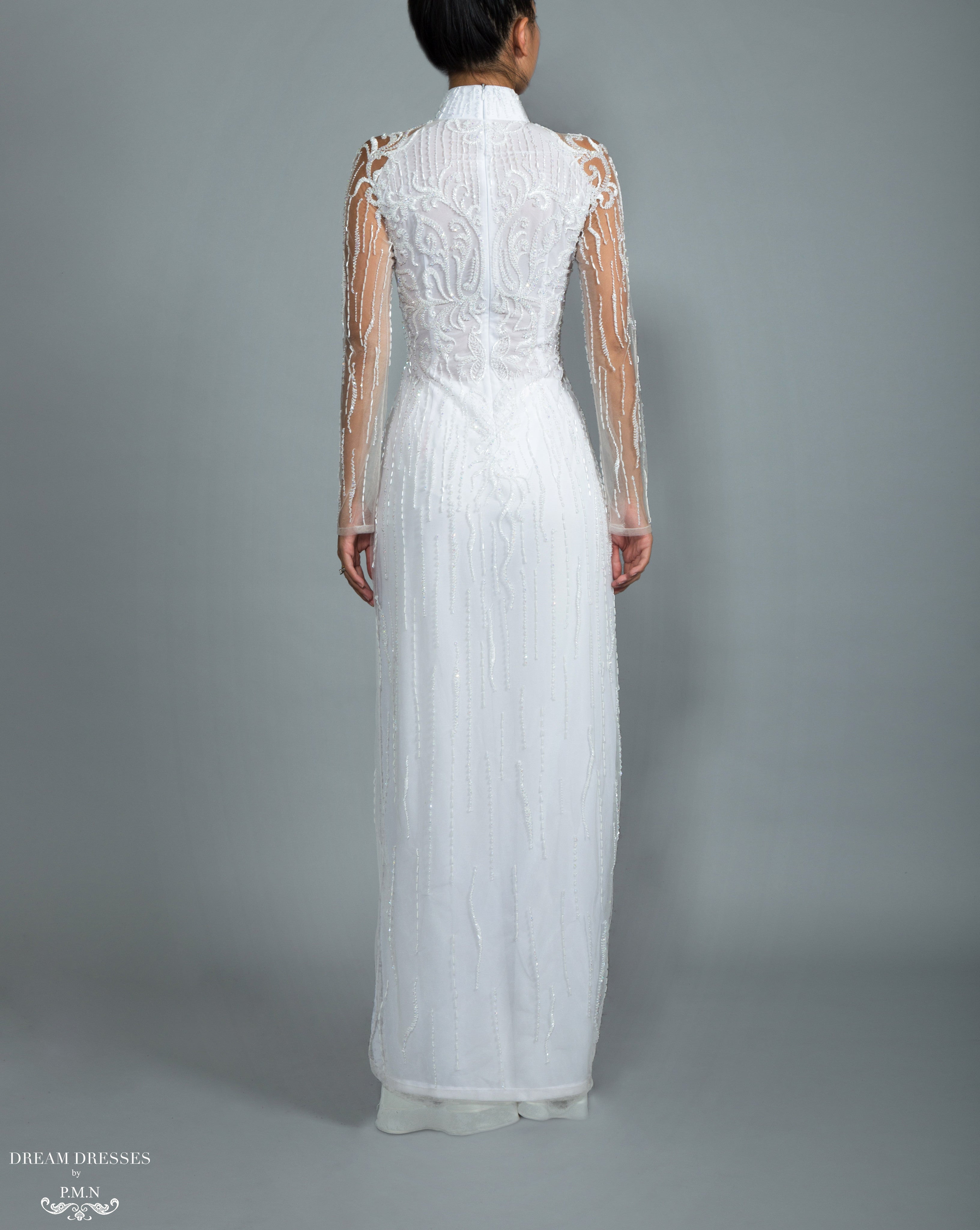 White Bridal Ao Dai | Vietnamese Bridal Dress with Embellishment (#GRACIE)