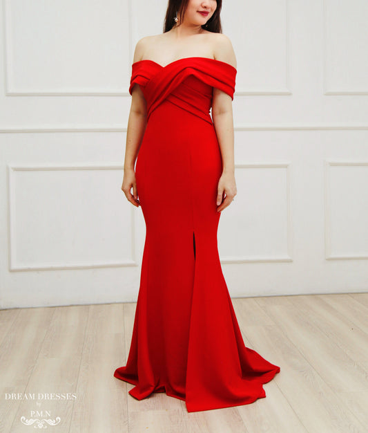 Red Crepe Bridal Gown with Side Slit (#Cathy) - Dream Dresses by P.M.N.