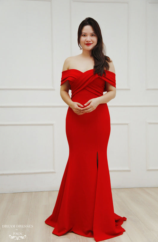 Red Crepe Bridal Gown with Side Slit (#Cathy) - Dream Dresses by P.M.N.