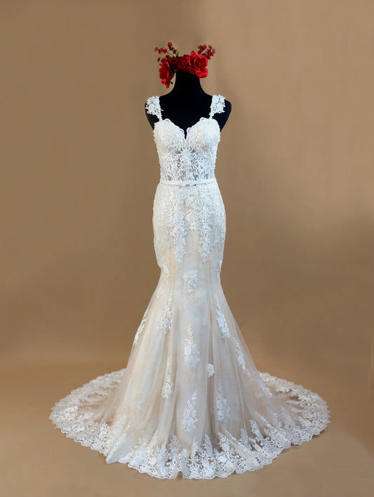 Blush Pink Ivory Lace Mermaid Wedding Dress With Removable Straps (#Nicole) - Dream Dresses by P.M.N
- 1