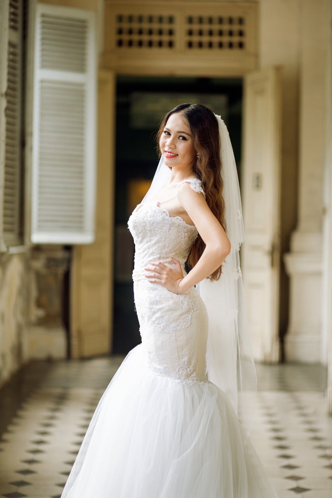SAMPLE SALE / Lace Trumpet Wedding Gown with Beaded Straps (#PB067)