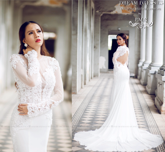 Long Sleeve Fit-n-Flare Wedding Gown with Key Hole Back (#KATIE PB066) - Dream Dresses by P.M.N
- 1