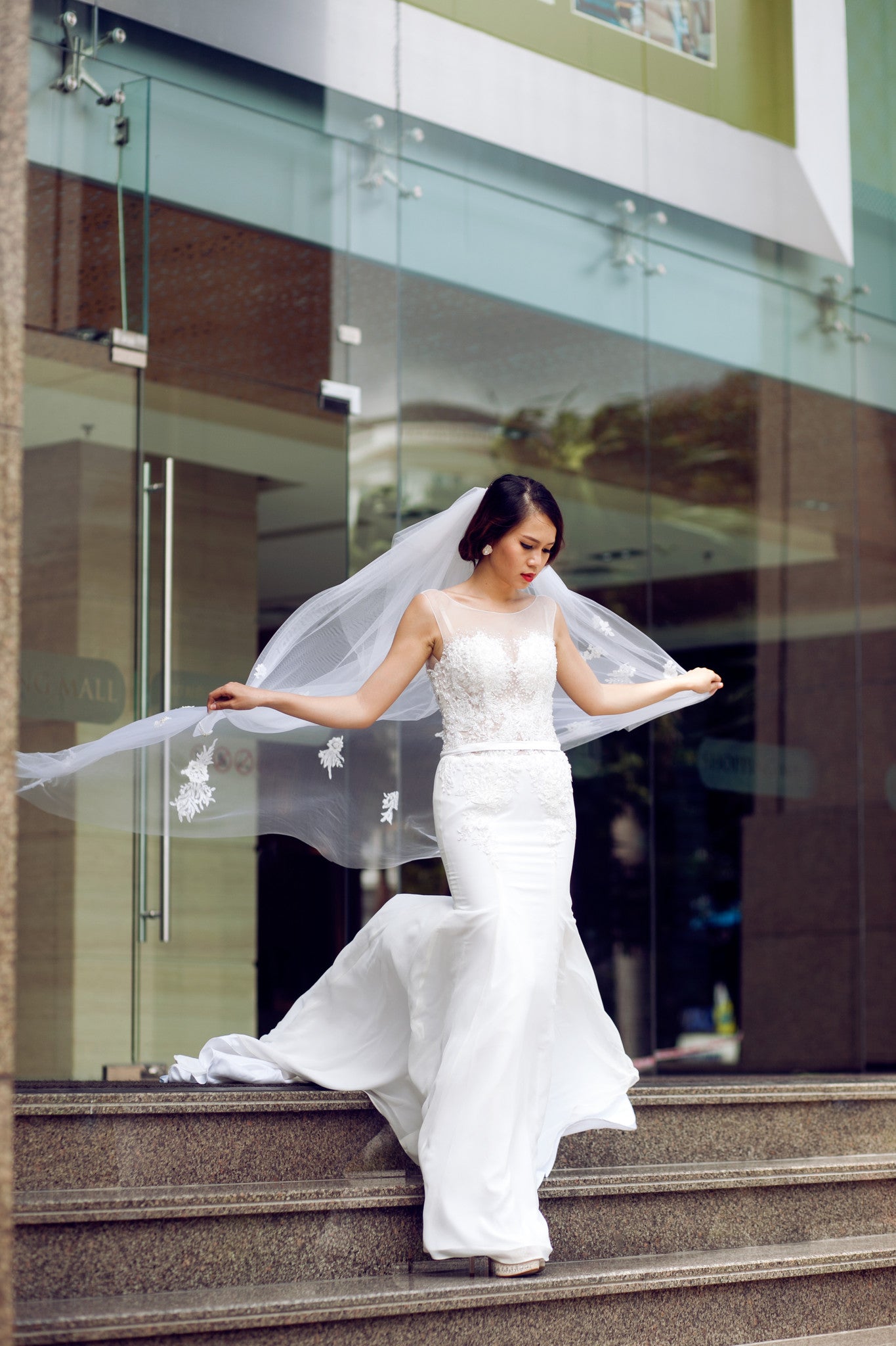 SAMPLE SALE /Two Tier Floor Length Bridal Veil with Lace Appliques and sequins (#PB107)