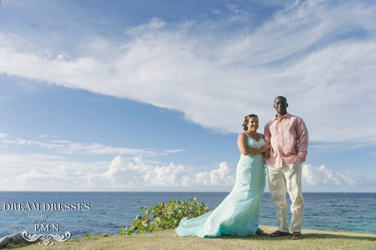 Aqua Mermaid Wedding Dress with Illusion Back (#JUDY) - Dream Dresses by P.M.N
- 1