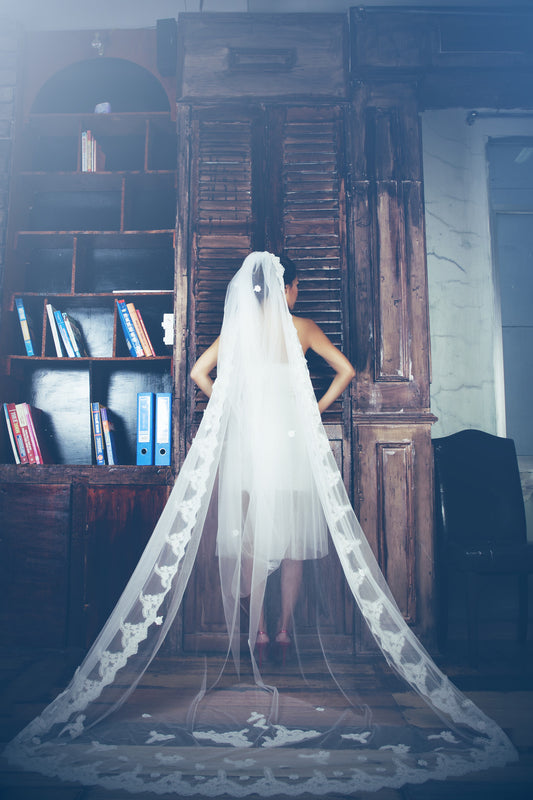One-tier Cathedral Length Veil With Lace Appliqué Edge (#PB100) - Dream Dresses by P.M.N
- 1
