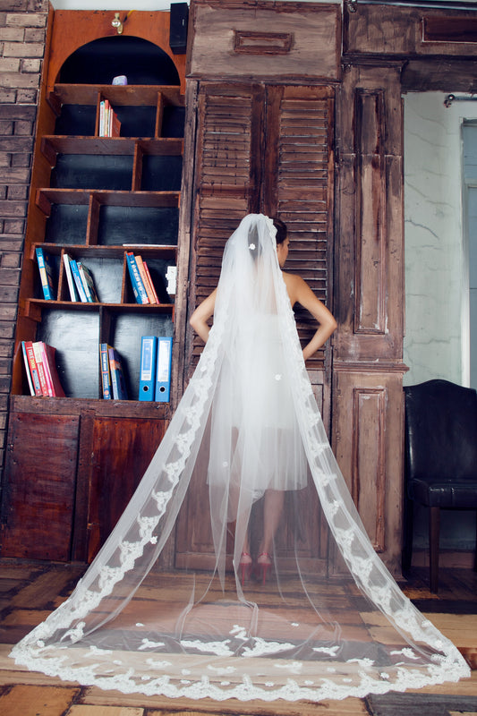 One-tier Cathedral Length Veil With Lace Appliqué Edge (#PB100) - Dream Dresses by P.M.N
- 1
