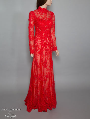 Red Long Sleeve Lace Gown (#Bella) - Dream Dresses by P.M.N
 - 1