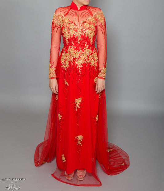Red Bridal Ao Dai with Gold Lace | Vietnamese Bridal Dress with Embellishment (#KALEY) - Dream Dresses by P.M.N.