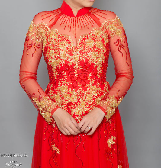 Red Bridal Ao Dai with Gold Lace | Vietnamese Bridal Dress with Embellishment (#KALEY) - Dream Dresses by P.M.N.