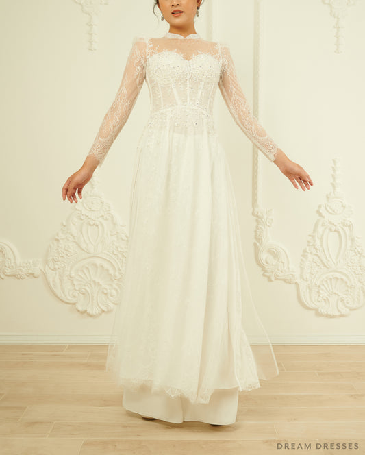 White Bridal Ao Dai | Lace Vietnamese Wedding Dress (#ILARIA) - Dream Dresses by P.M.N.