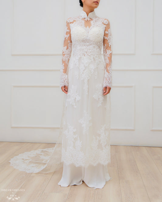 White Bridal Ao Dai | Modern Vietnamese Lace Bridal Dress (#JENINE) - Dream Dresses by P.M.N.