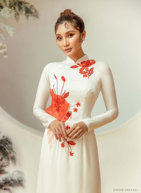 White Bridal Ao Dai | Embellished Vietnamese Traditional Bridal Dress (#LIAN) - Dream Dresses by P.M.N.