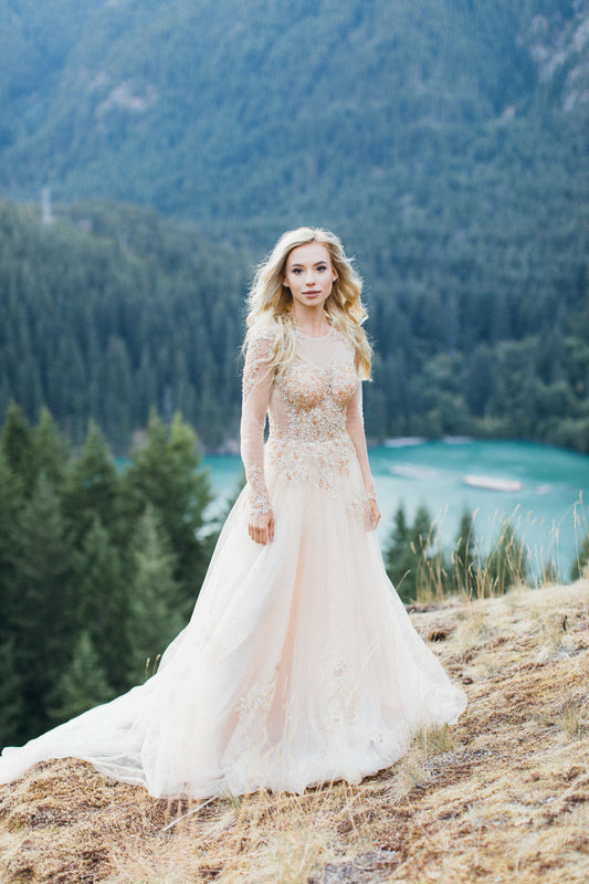 Champagne/Gold Long Sleeve Princess A-Line Gown (# ARIEL) - Dream Dresses by P.M.N.